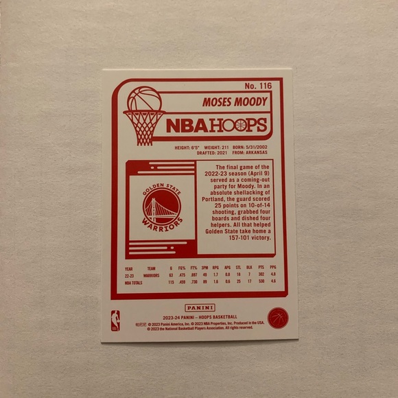 2023-24 Panini NBA Hoops Moses Moody Red Back Parallel #116 GS Warriors - Picture 2 of 2
